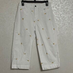 Basic Editions Pineapple Embroidered Capri Pants Cotton White Summer Coastal S